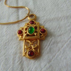 vintage Givenchy signed Mohgul cross pendant necklace unused red green glass